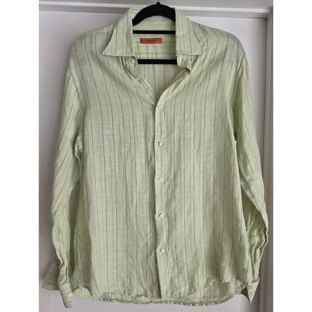 Equilibrio Men Linen Button-Down Shirt Green Striped Long Sleeve Collared